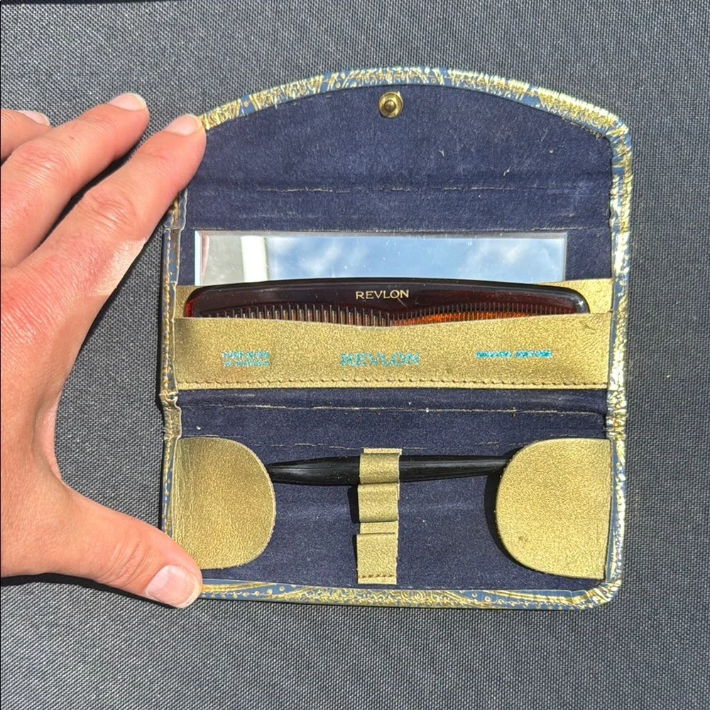 Vintage 1960’s Revlon Gold & Blue Grooming kit. Ground Leather